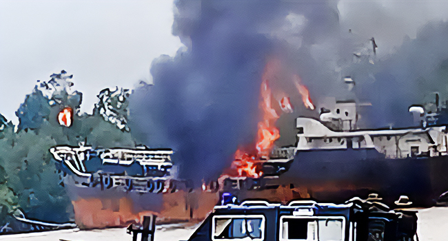 Seized Vessel With Stolen Crude Oil Set Ablaze By Security Operatives