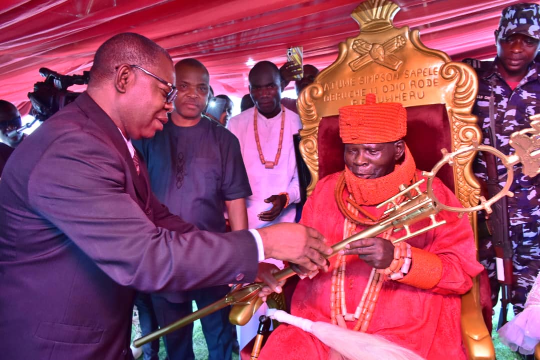 Delta Governor Urges Traditional Rulers To Ensure Peace In Their Domain, As He Presents Staff Of Office To Odion R’ode of Uwheru Kingdom In Ughelli North