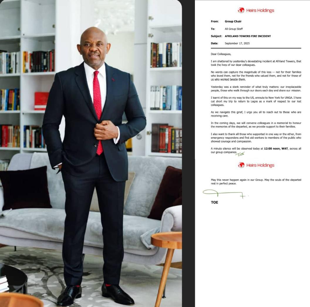 Afriland Towers Fire: Tony Elumelu Cuts Short UN Trip, Pays Tribute to Fallen Colleagues