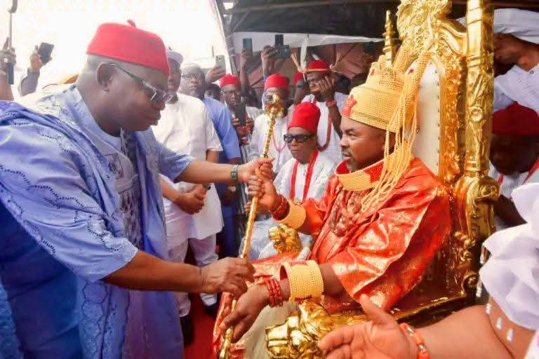 Oborevwori Says Strength Of Any Kingdom Lies In Authority, Unity Of The People, As He Presents Staff Of Office To Issele- Azagba Monarch